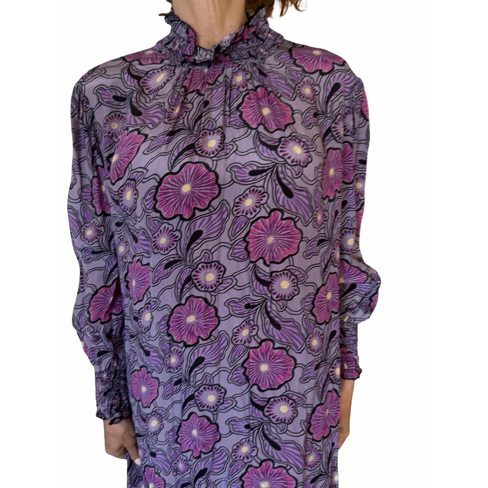 Anna Sui USA Dress XL Purple Floral smocked high neck 70'S Vintage Boho Chic - Picture 4 of 14